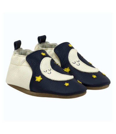 Chaussons en Cuir pour Bébé - Motif Lune Moon - Antidérapants